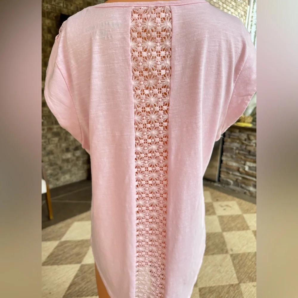 Pink Crochet Lace Yoke Top Hi Low Short Sleeve Blouse Medium - Picture 4 of 7